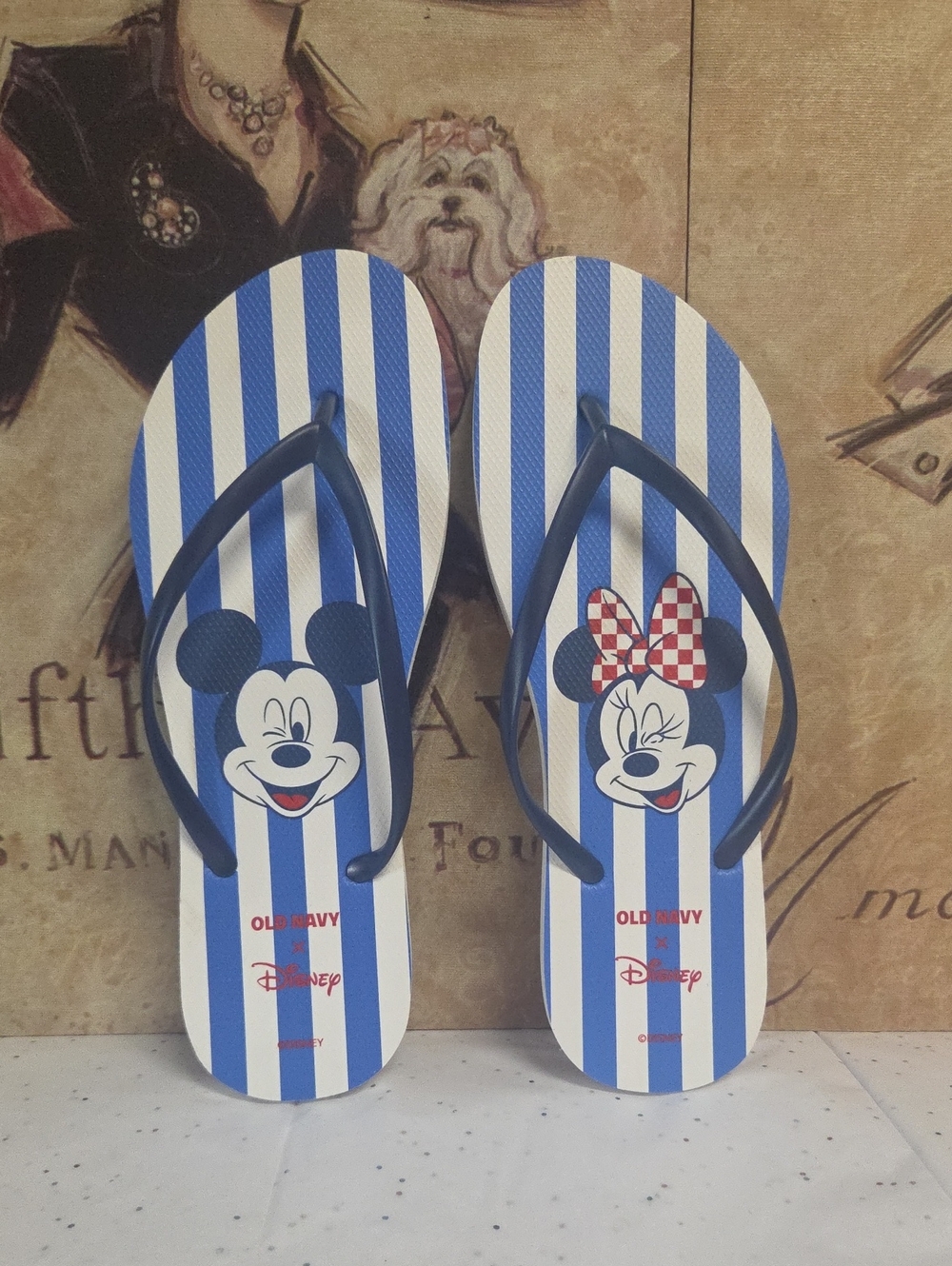 Old Navy X Disney Blue & White Striped Mickey and Minnie Flip Flops